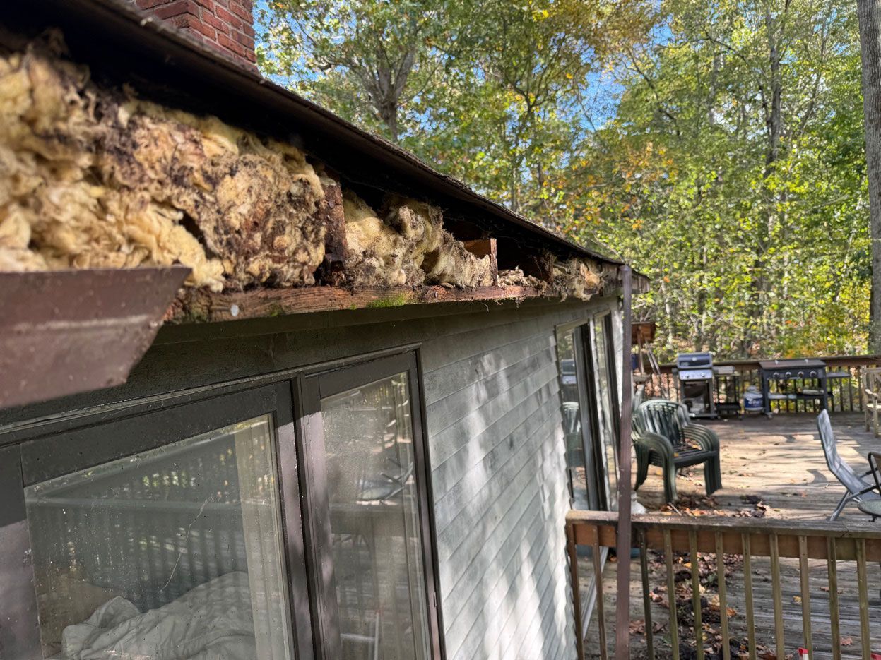 Damaged roof fascia exposing insulation above exterior brick walls and a patio deck.