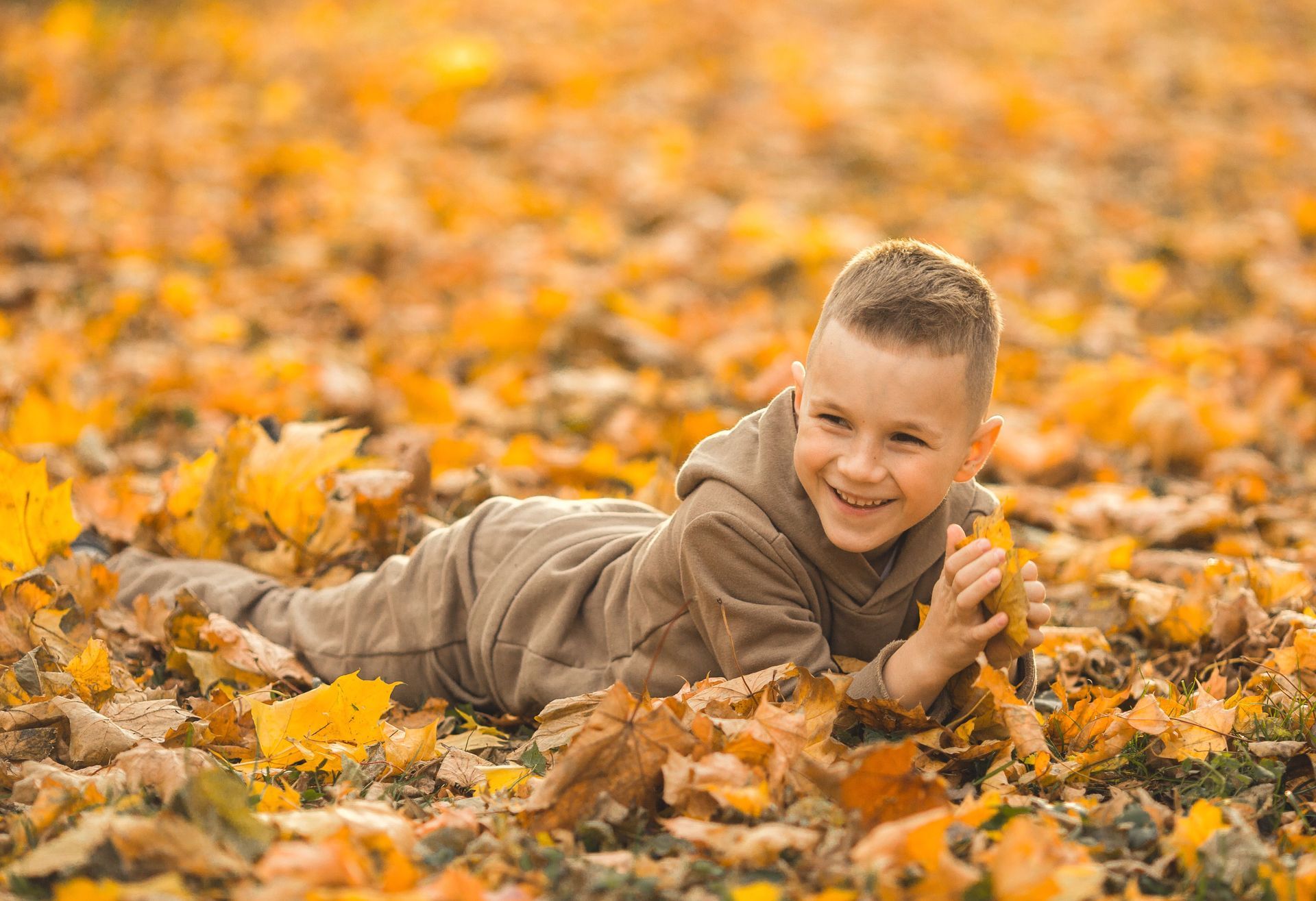 Child lying in autumn leaves, smiling at the camera