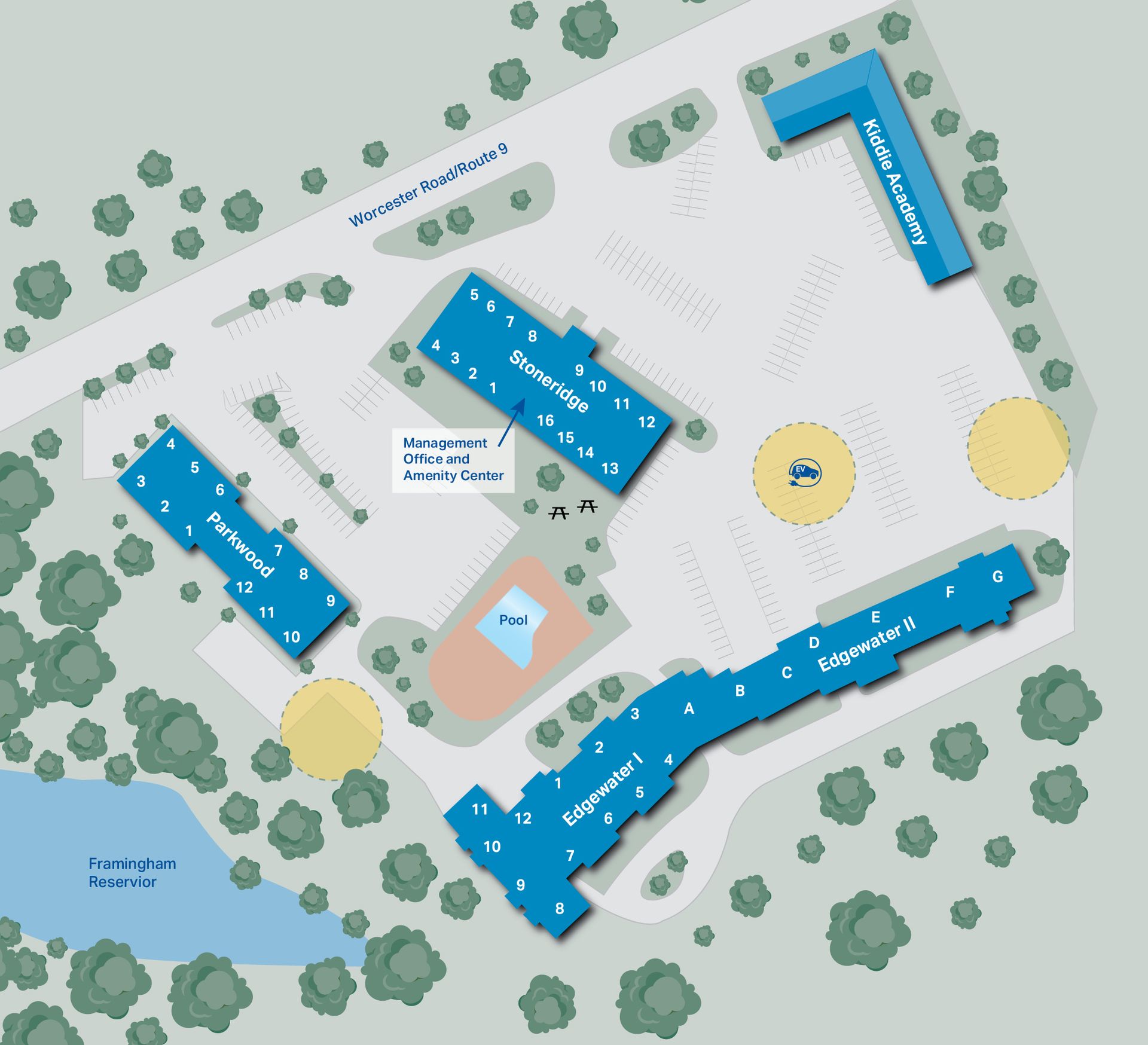 Site plan of a building complex with blue-roofed structures, roads, trees, and a pond