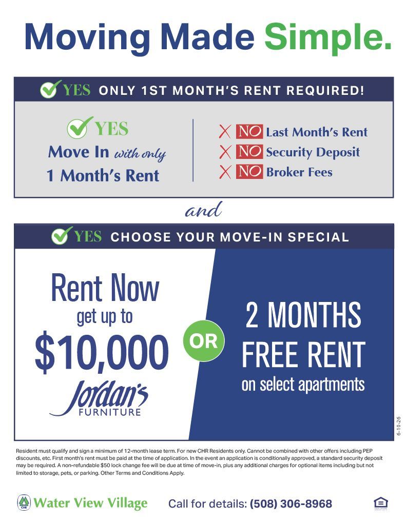 Blue-and-green rental ad for a move-in special: rent now or get 1 month free and $1,000 toward moving costs.