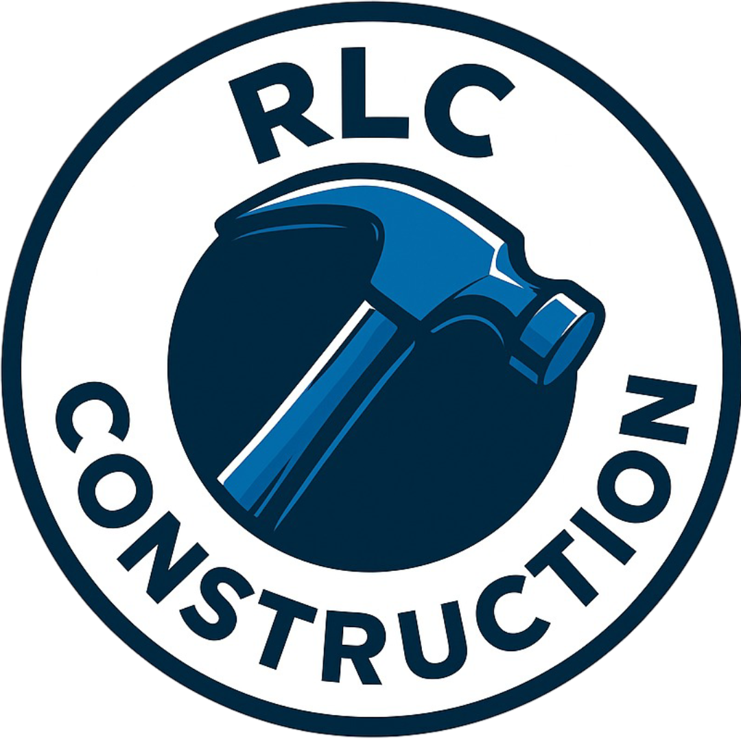 Blue and white roof icon above "RLC CONSTRUCTION" in blue on a black background.