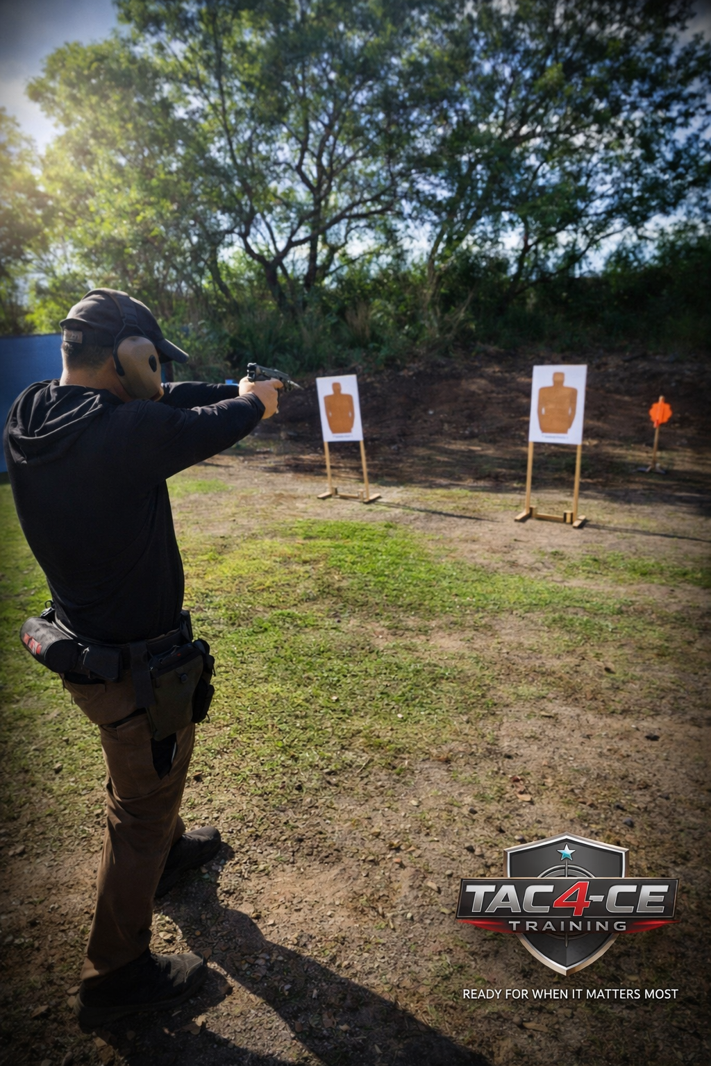 Man practicing defensive pistol shooting at outdoor range during TAC-4CE Training in South Florida