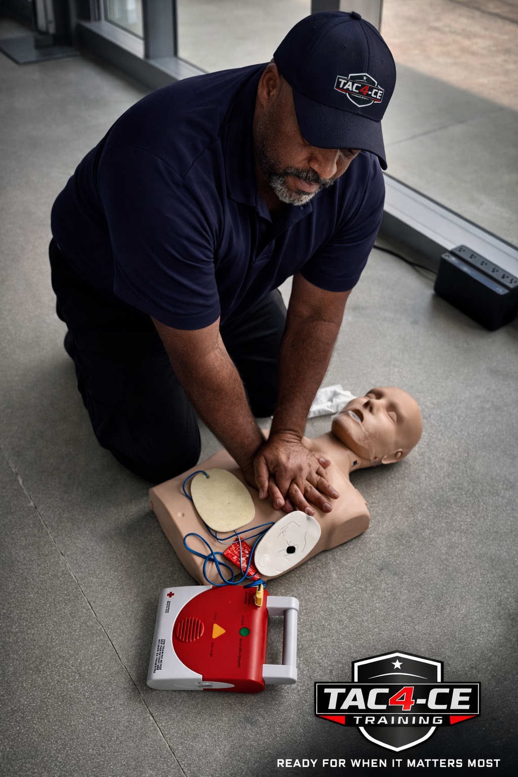 CPR and AED instructor performing chest compressions during TAC-4CE Training in South Florida