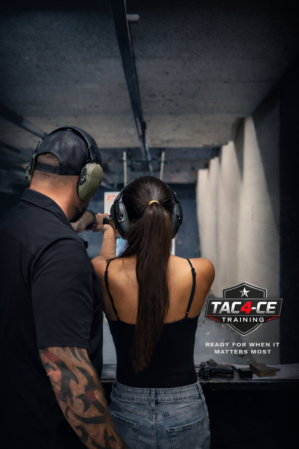 Firearms instructor coaching beginner student during TAC-4CE Training at indoor range in South Florida