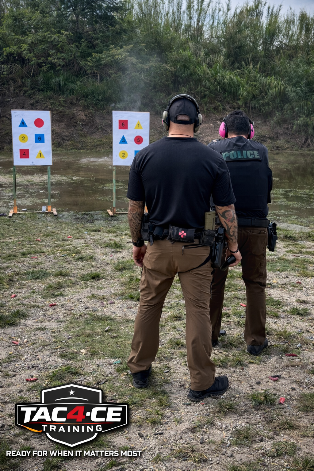 Firearms instructor coaching police during TAC-4CE Training drill at outdoor range in South Florida