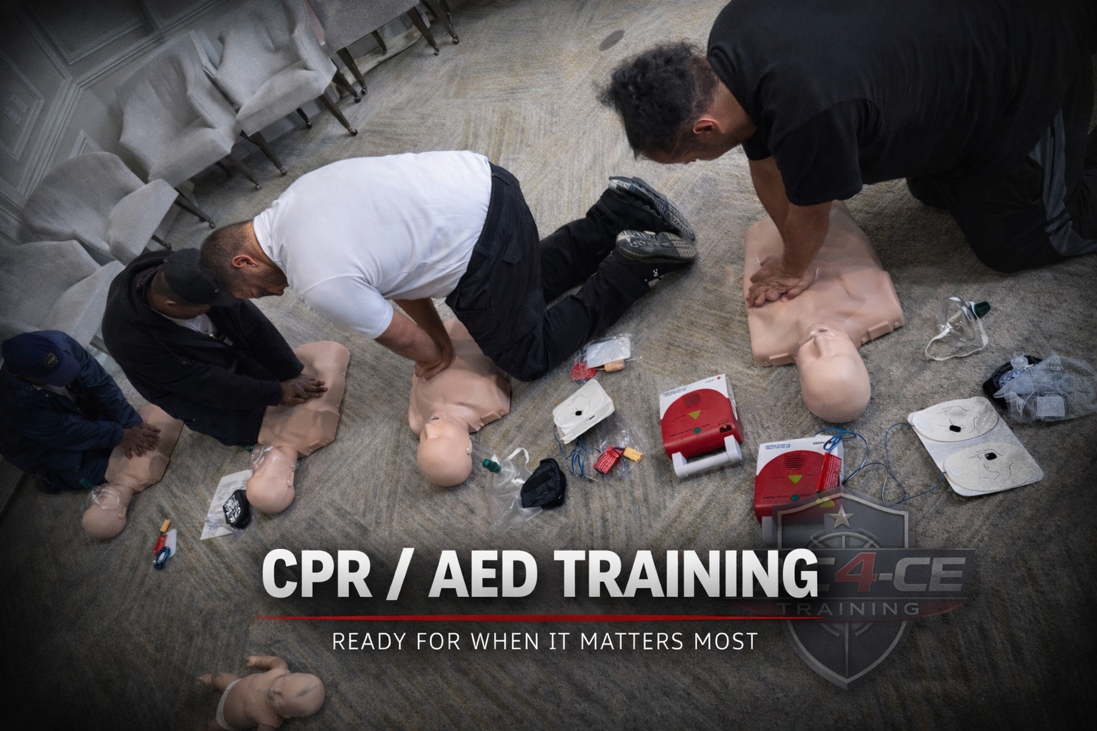 Group CPR and AED training class with students practicing chest compressions during TAC-4CE Training in South Florida