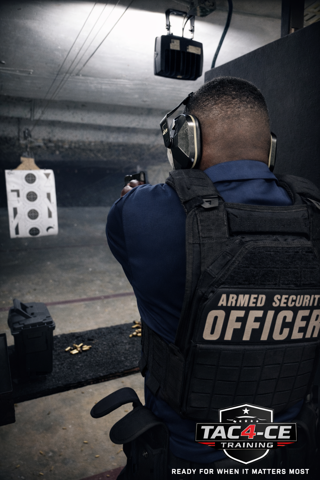 Man practicing defensive pistol shooting at indoor range during TAC-4CE Training in South Florida