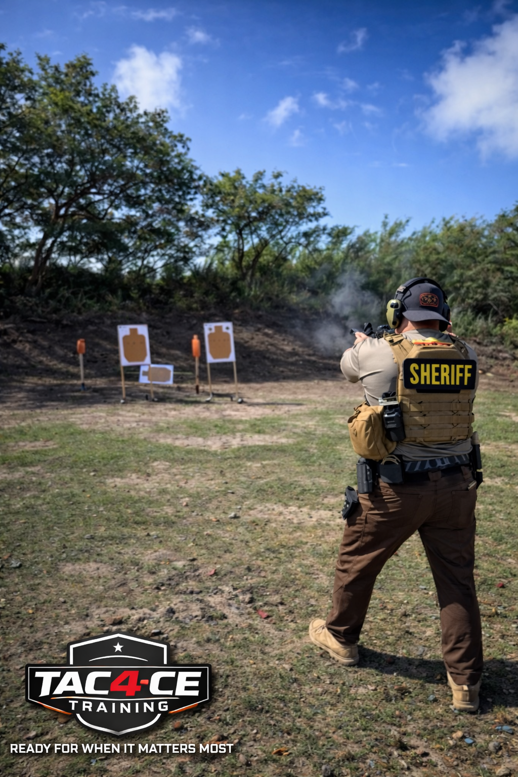 Law enforcement officer performing firearms training during TAC-4CE course at outdoor range in South Florida