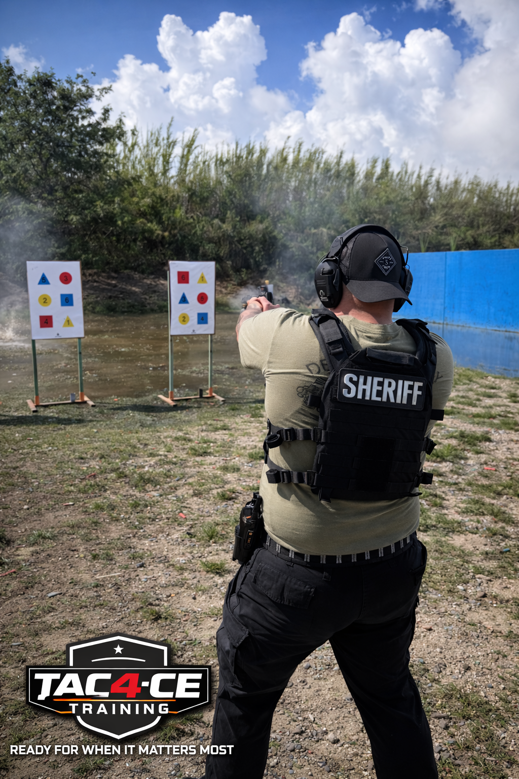 Law enforcement officer engaging targets during TAC-4CE firearms training at outdoor range in South Florida
