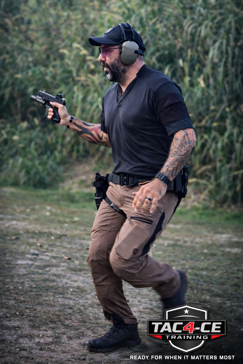 Student practicing defensive pistol shooting on the move during TAC-4CE Training in South Florida