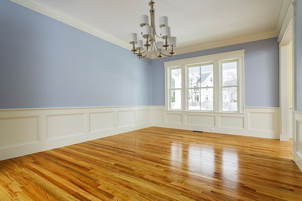 Empty room with light blue walls, white trim, and hardwood floors.