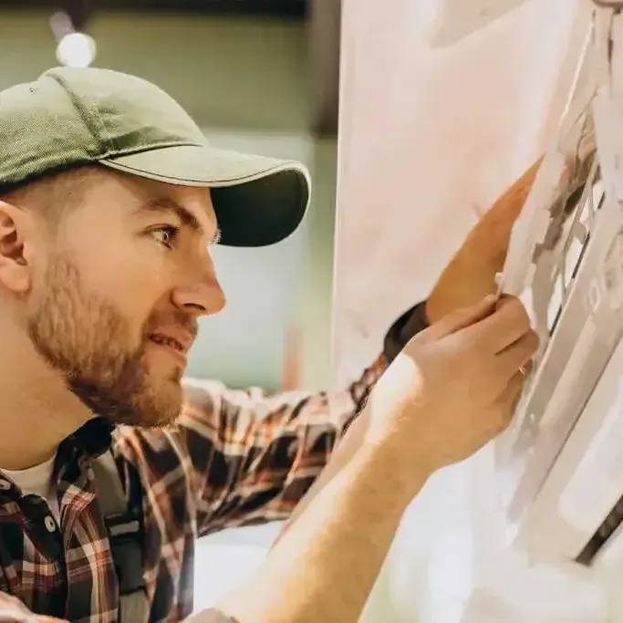 A man wearing a baseball cap is looking at a piece of paper on a wall.