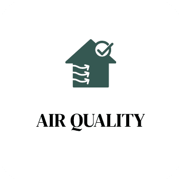 A logo for air quality with a house and arrows coming out of it.