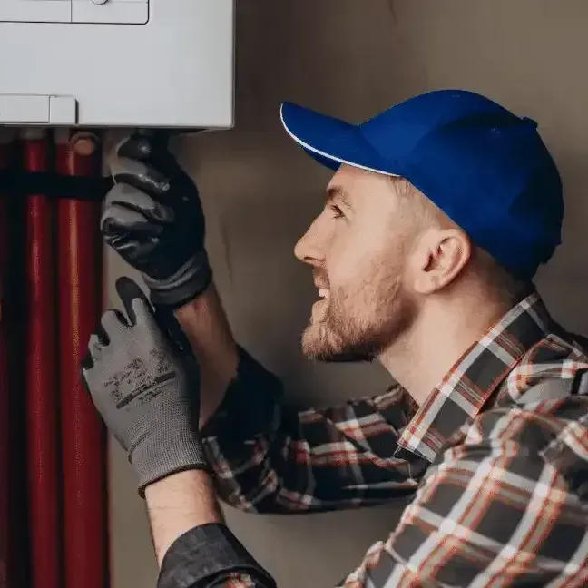 A man wearing gloves and a blue hat is working on a boiler.
