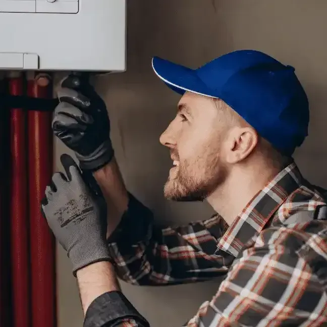 A man wearing a blue hat and gloves is working on a boiler.