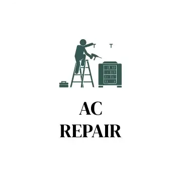 A man is sitting on a ladder repairing an air conditioner.