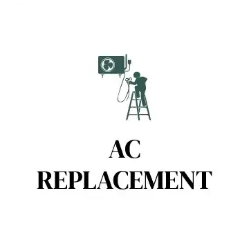 A man is standing on a ladder fixing an air conditioner.