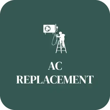 A logo for ac replacement with a man on a ladder working on an air conditioner.