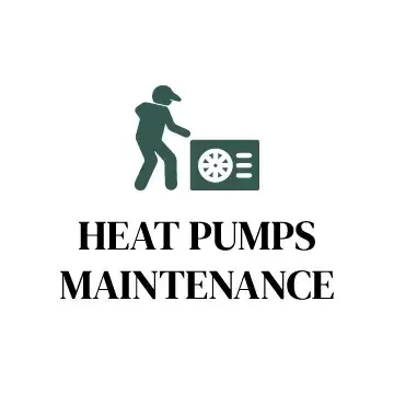 A logo for heat pumps maintenance with a man pushing a box.