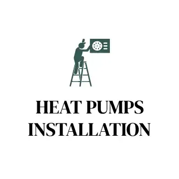 A man is standing on a ladder installing a heat pump.