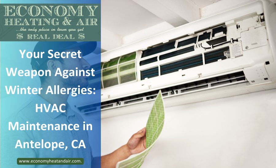 An ad for economy heating and air shows a person cleaning an air conditioner