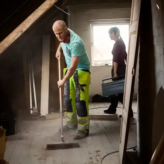 A man is sweeping the floor while a woman stands behind him