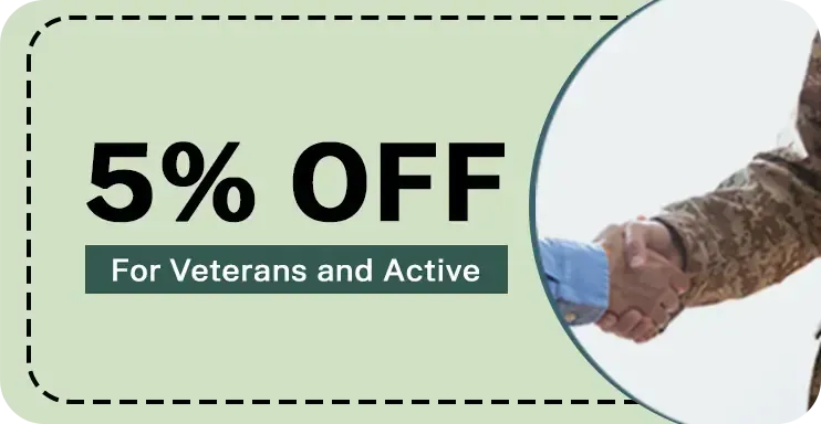 A coupon for a 5 % off for veterans and active