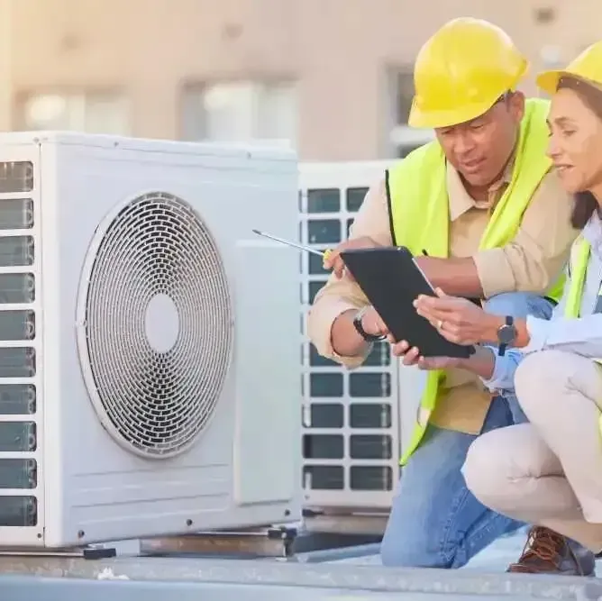 A man and a woman are working on an air conditioner.