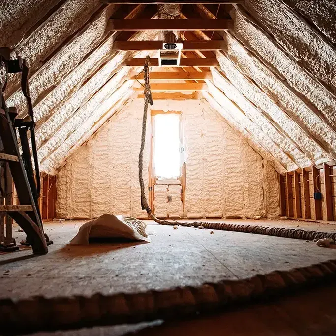 There is a ladder in the attic of a house under construction.