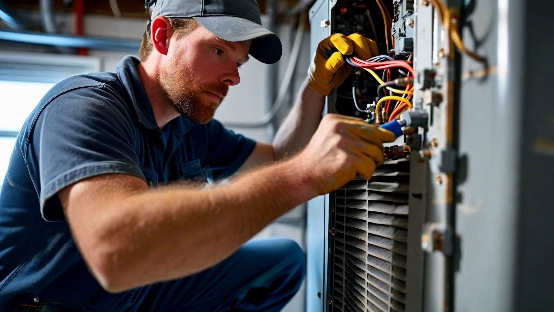 HVAC technician in a blue shirt, cap, and gloves, working on electrical wiring inside an air conditioning unit in lincoln, ca