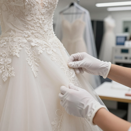 Manos ajustando un vestido de novia de encaje en un maniquí en una tienda de novias.