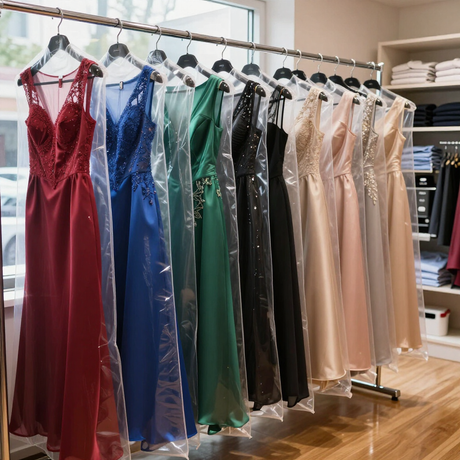 Hilera de coloridos vestidos de gala colgados en perchas en la sala de exposición de una boutique.