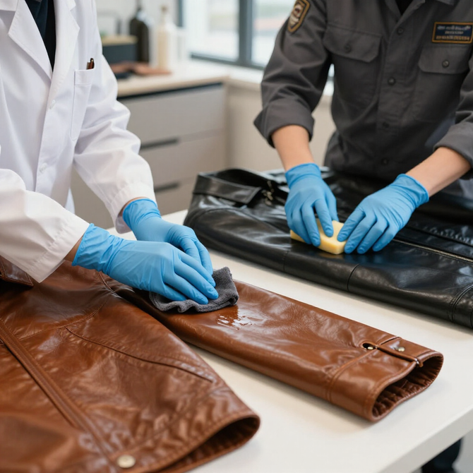 Dos personas con guantes azules limpian chaquetas de cuero marrón sobre una mesa en un taller.