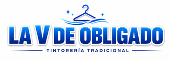 Logo de tintorería “LA V DE OBLIGADO” en azul, con gancho de ropa y el texto “Tintorería Tradicional”.
