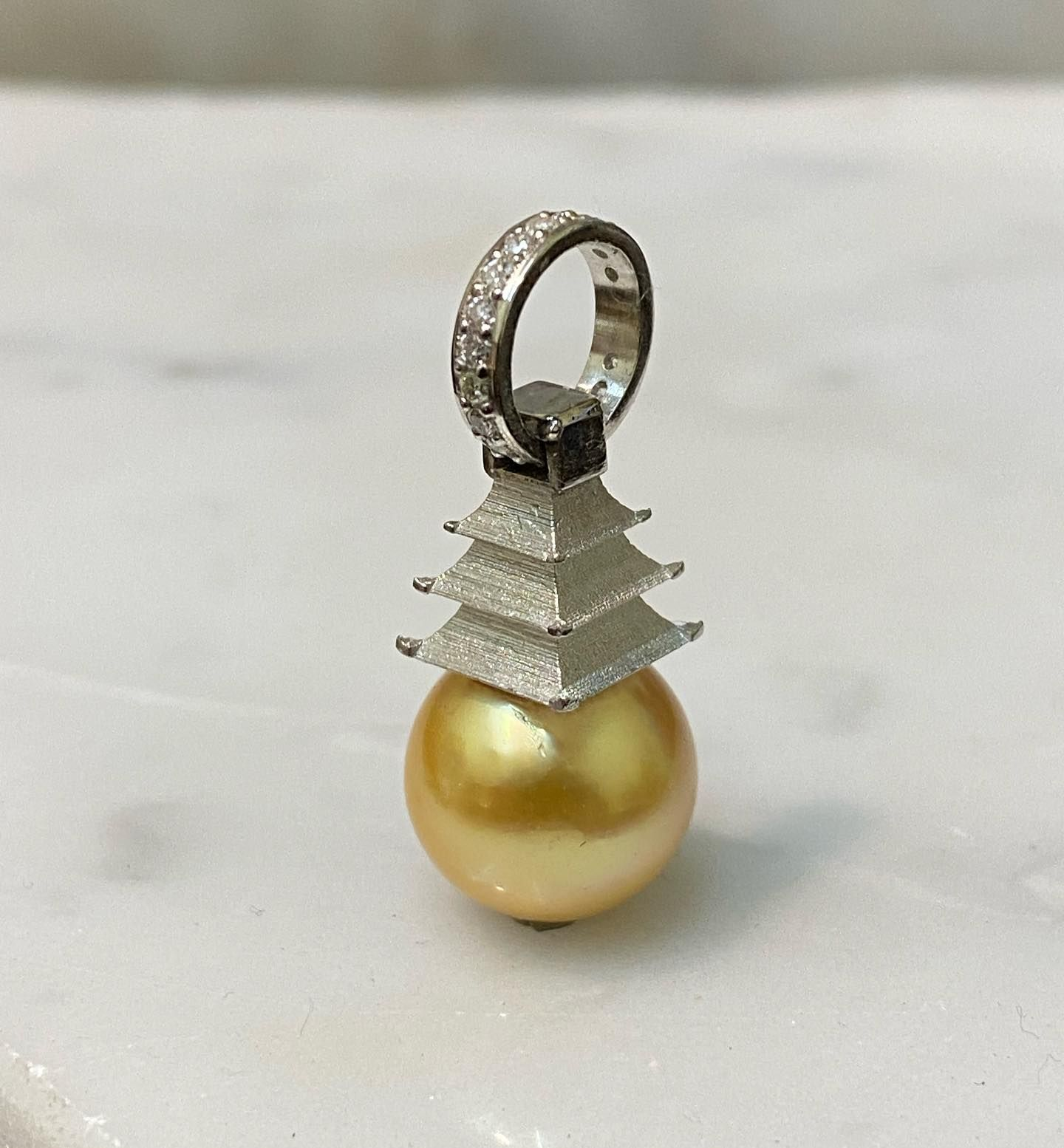 Golden Pearl Pendant In A Pagoda Design With Diamond Accents — Burchell's Jewellers In Bowral, NSW