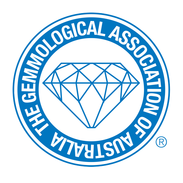Blue circular logo with a diamond illustration in the center, text reads: The Gemmological Association of Australia.