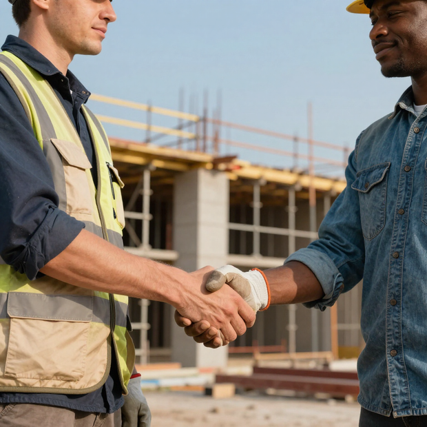 A person in a high-visibility orange vest shakes hands with another person, with the A. Eilers Construction logo visible.