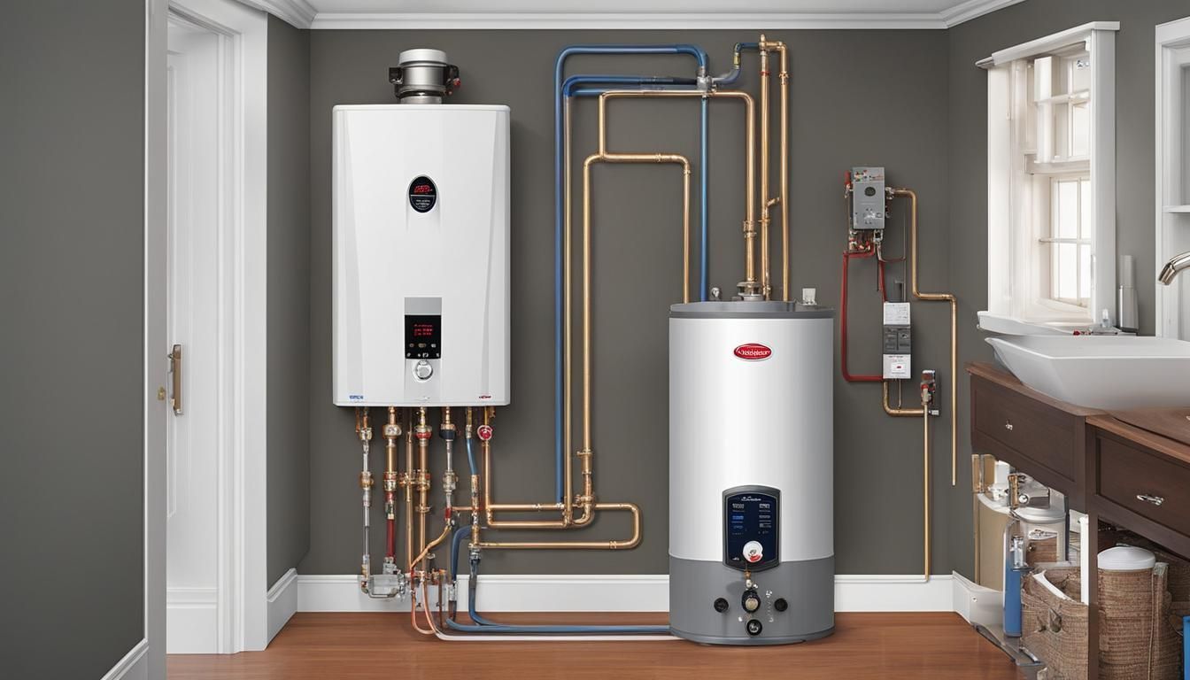 Utility room with wall-mounted and floor water heaters, copper piping, and a sink in a gray bathroom.