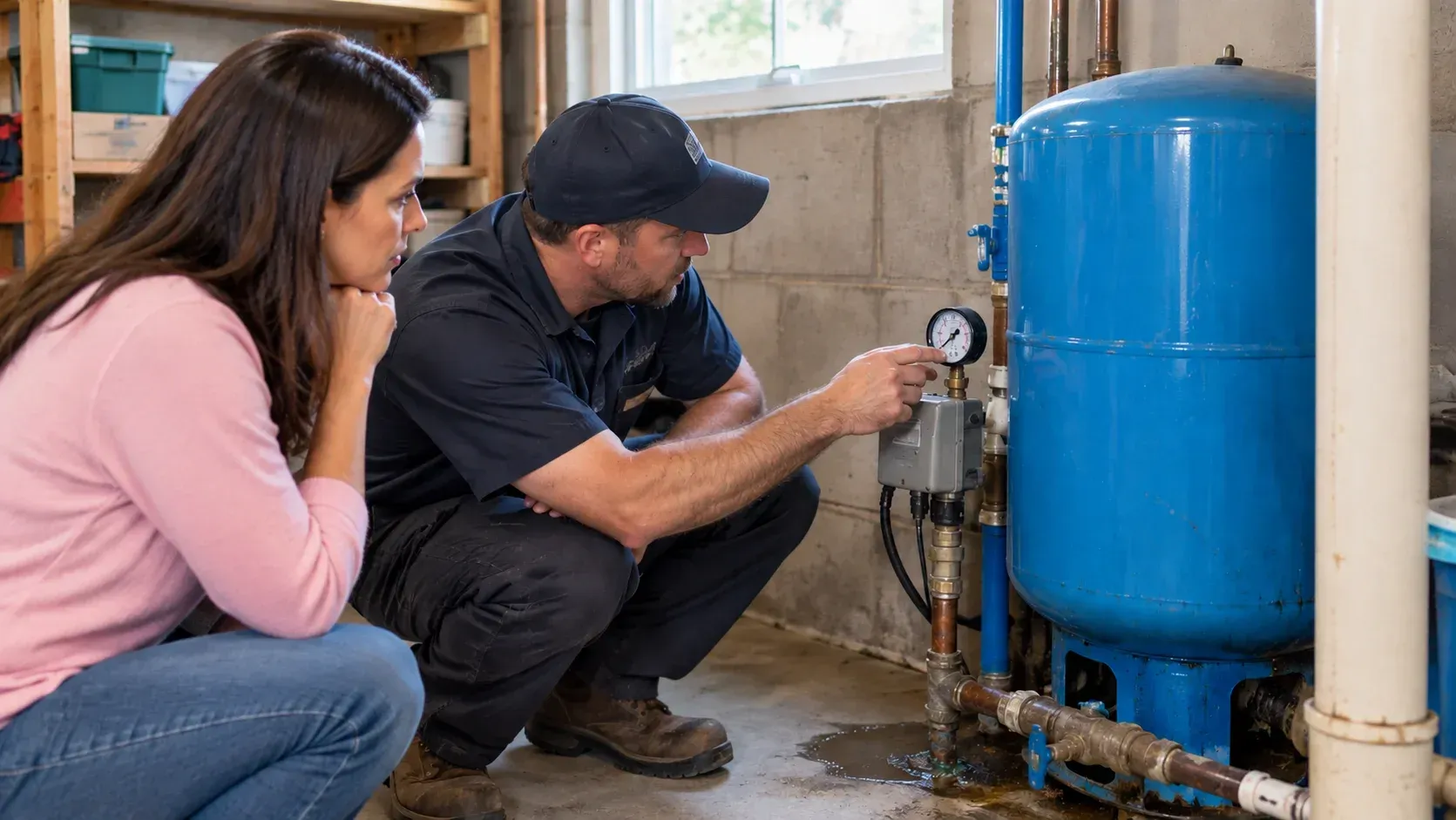 Plumber and homeowner checking well pressure gauge on blue tank during repair service.