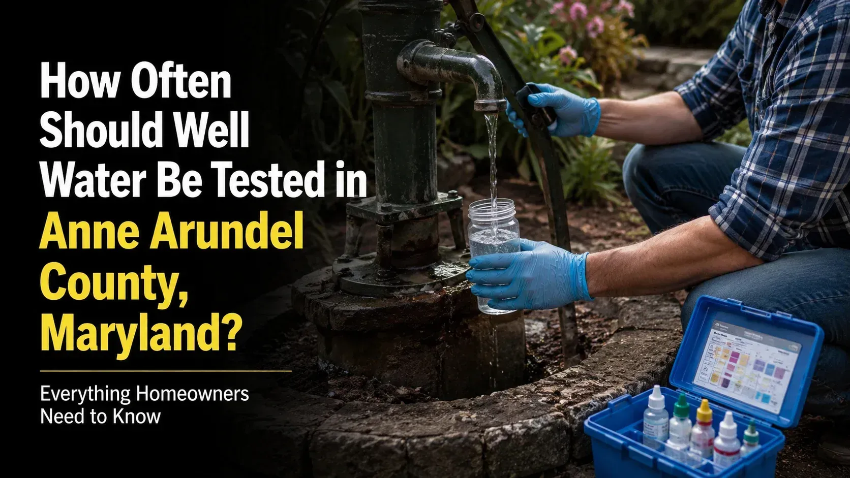 Blog graphic asking how often should well water be tested alongside a technician testing water from an outdoor spigot.