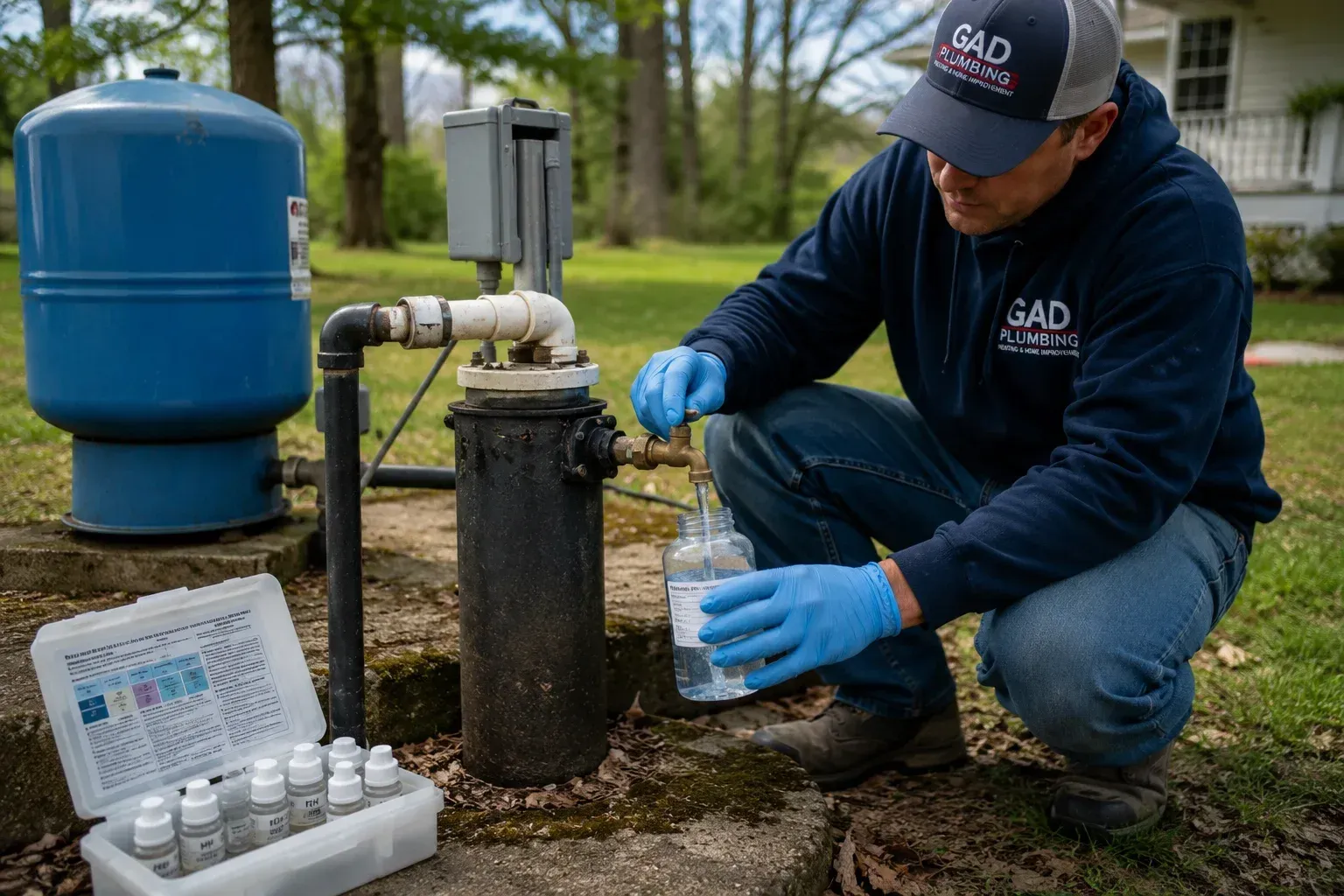 Plumber collecting a well water sample from an outdoor well head, demonstrating how often should well water be tested for safety.