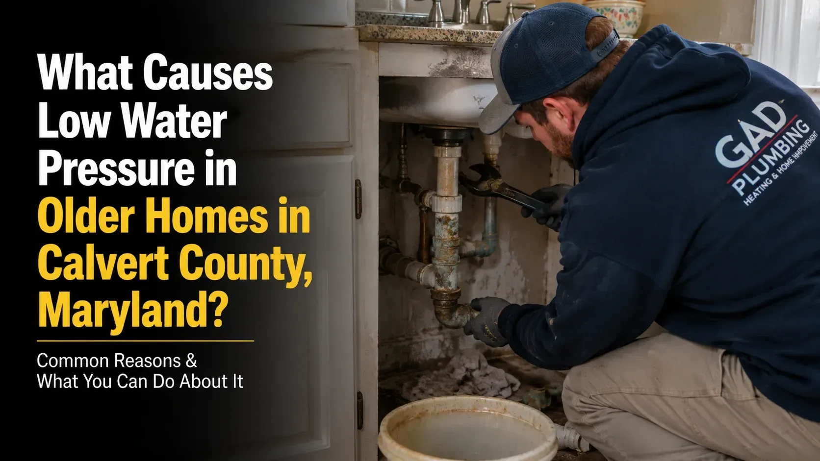 Blog graphic featuring a plumber testing water pressure, titled what causes low water pressure in older homes.