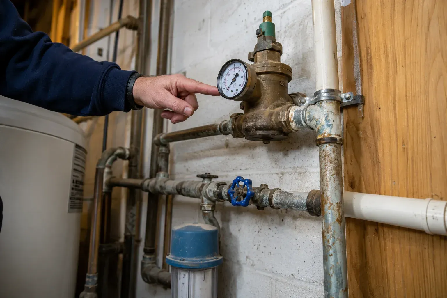Close-up of corroded pipes: what causes low water pressure in older homes.