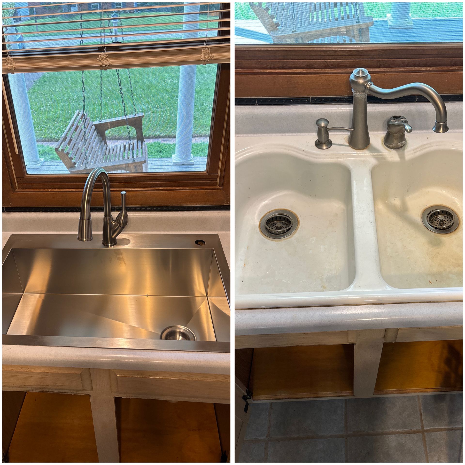 Two kitchen sinks: a stainless basin by a window and a double white sink with chrome faucet.