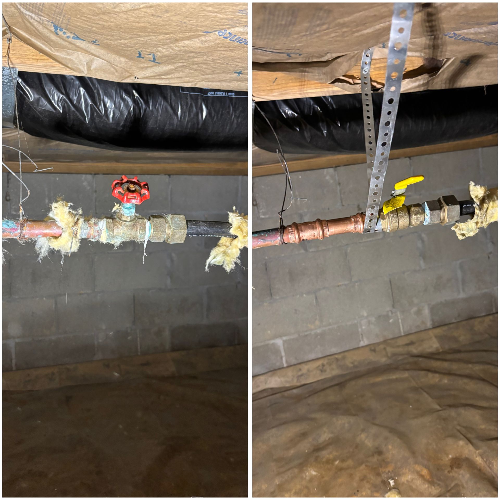 Basement utility pipes with red and yellow valves along a cinder block wall under exposed insulation and ducting