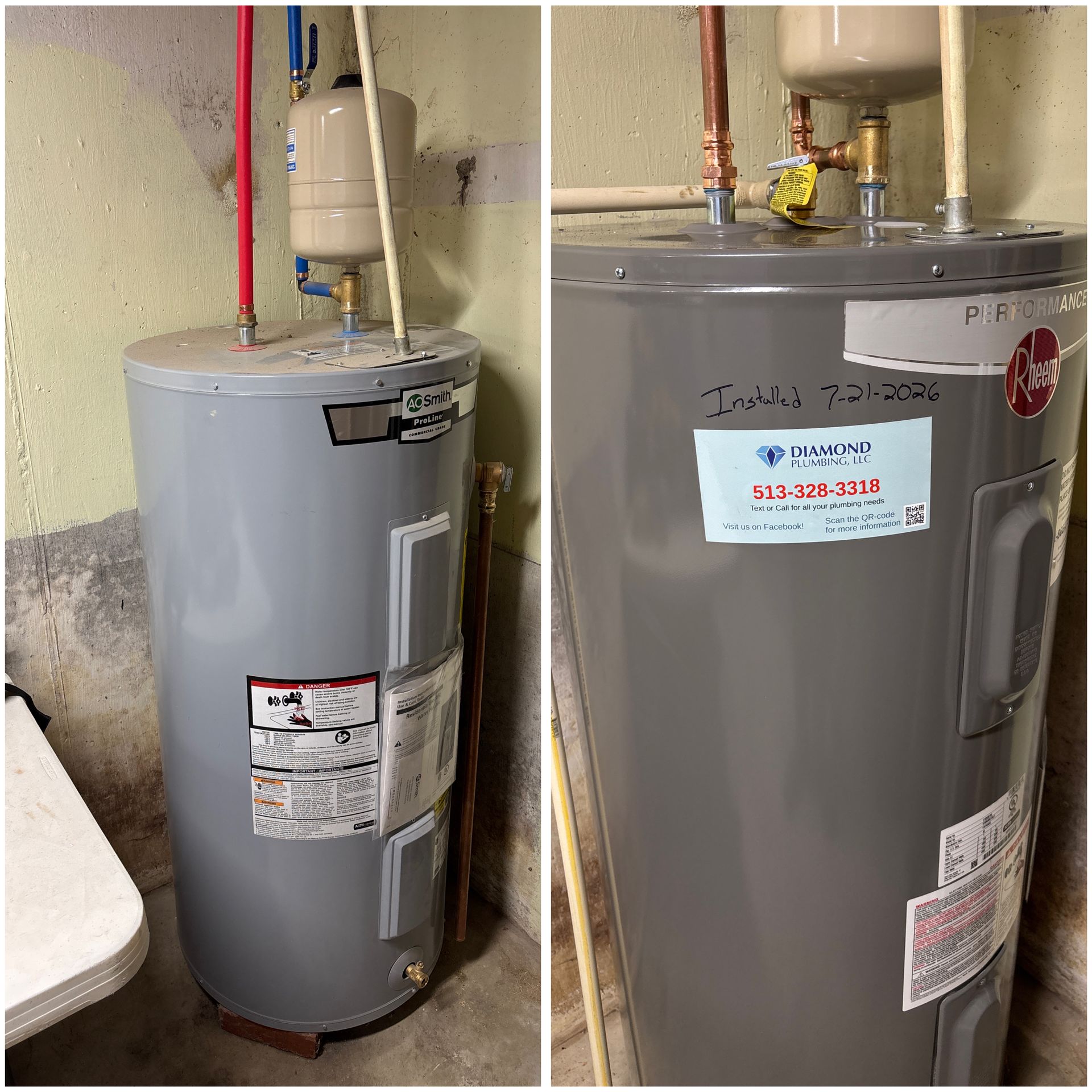 Gray water heater tank in a utility room, with pipes and labels visible.