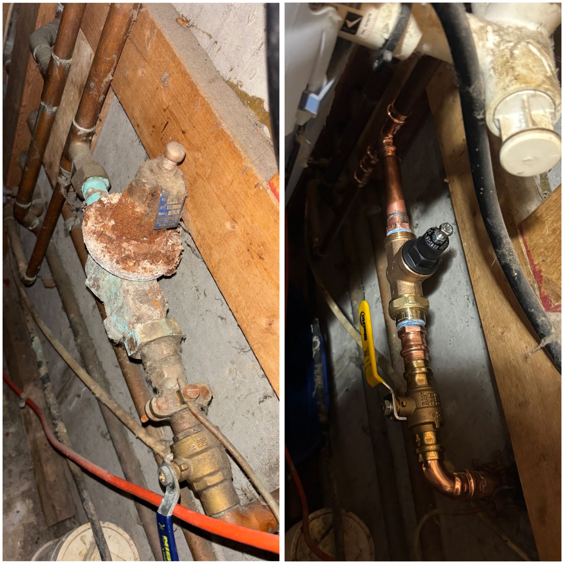 Corroded copper plumbing pipes and valves in a narrow utility space