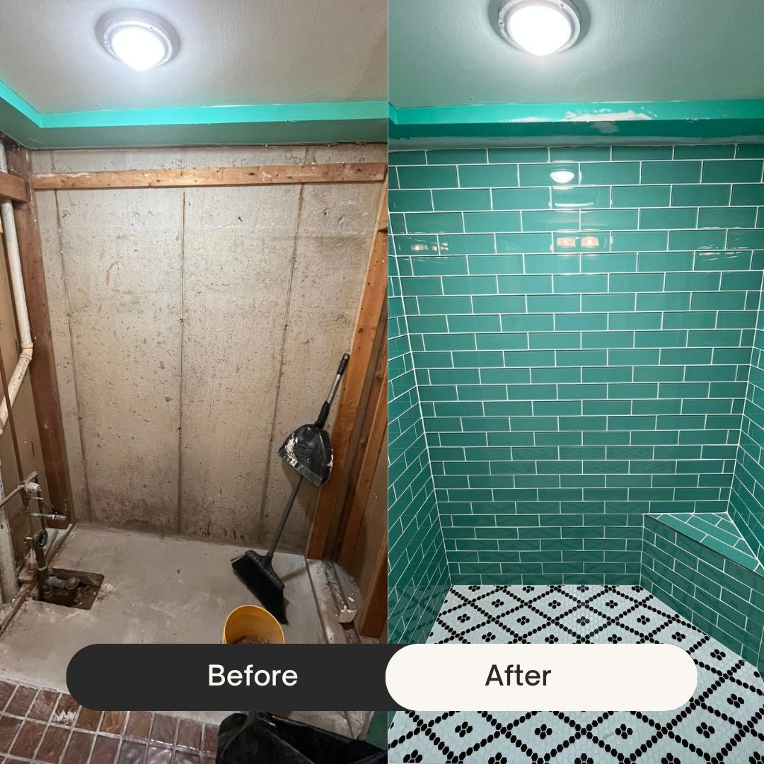 A before and after photo of a bathroom with green tiles.