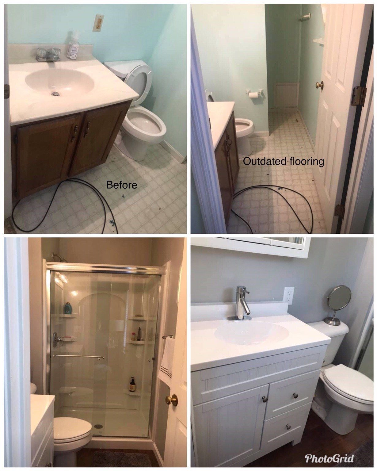 A bathroom before and after being remodeled with a sink , toilet , shower and mirror.