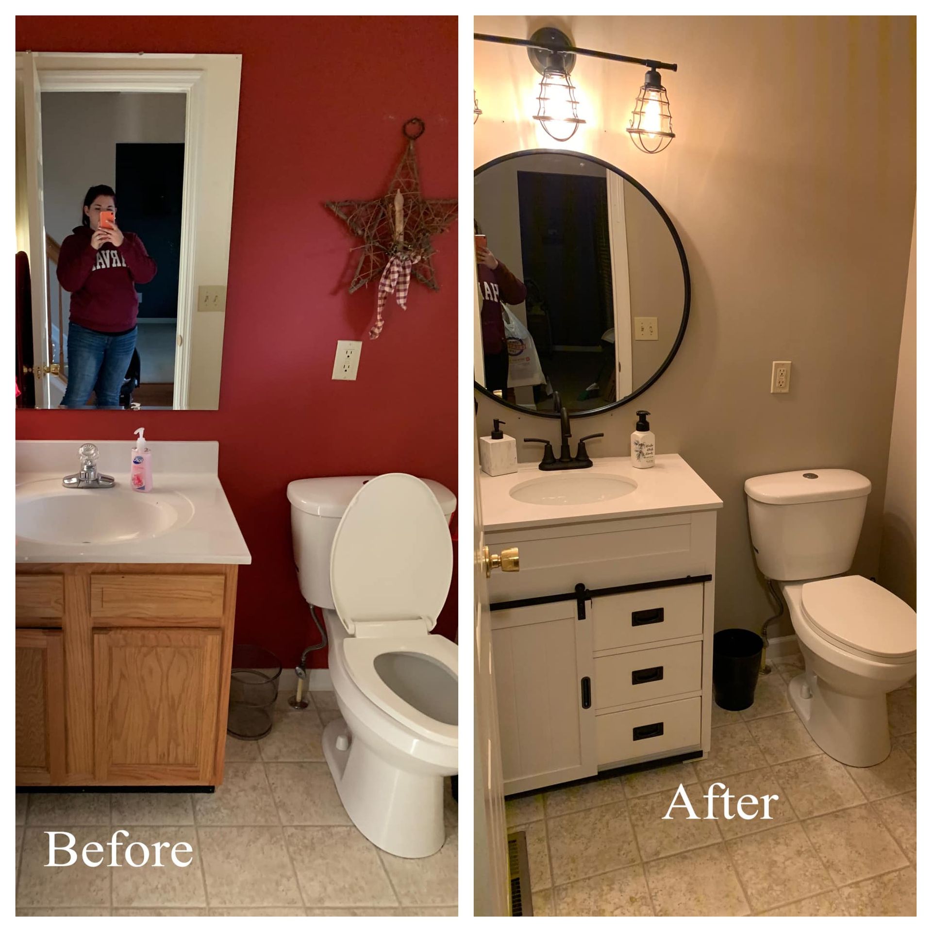 A before and after photo of a bathroom with a toilet , sink and mirror.